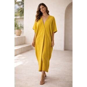 Zara Mustard Yellow Linen Blend Midi Dress V-Neck Oversized Kaftan XS